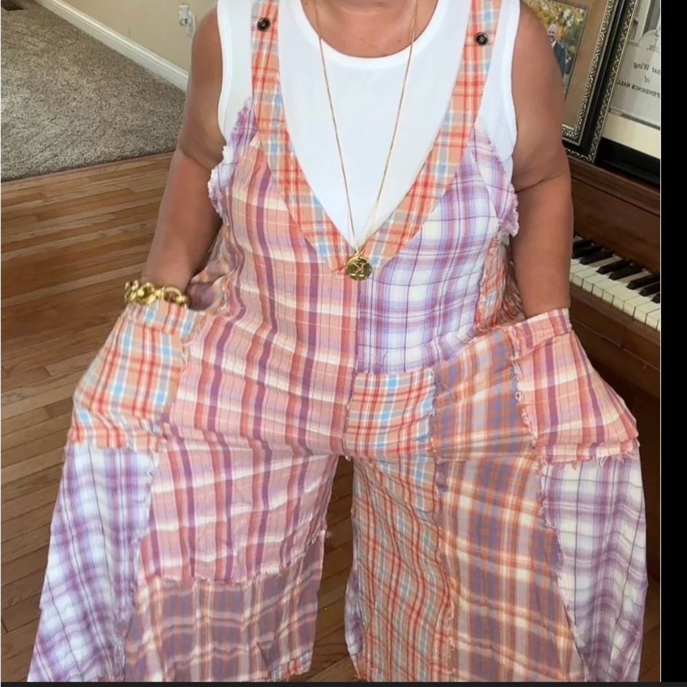 Oli & Hali large loose fit distressed style Mixed Plaid wide leg jumpsuit romper